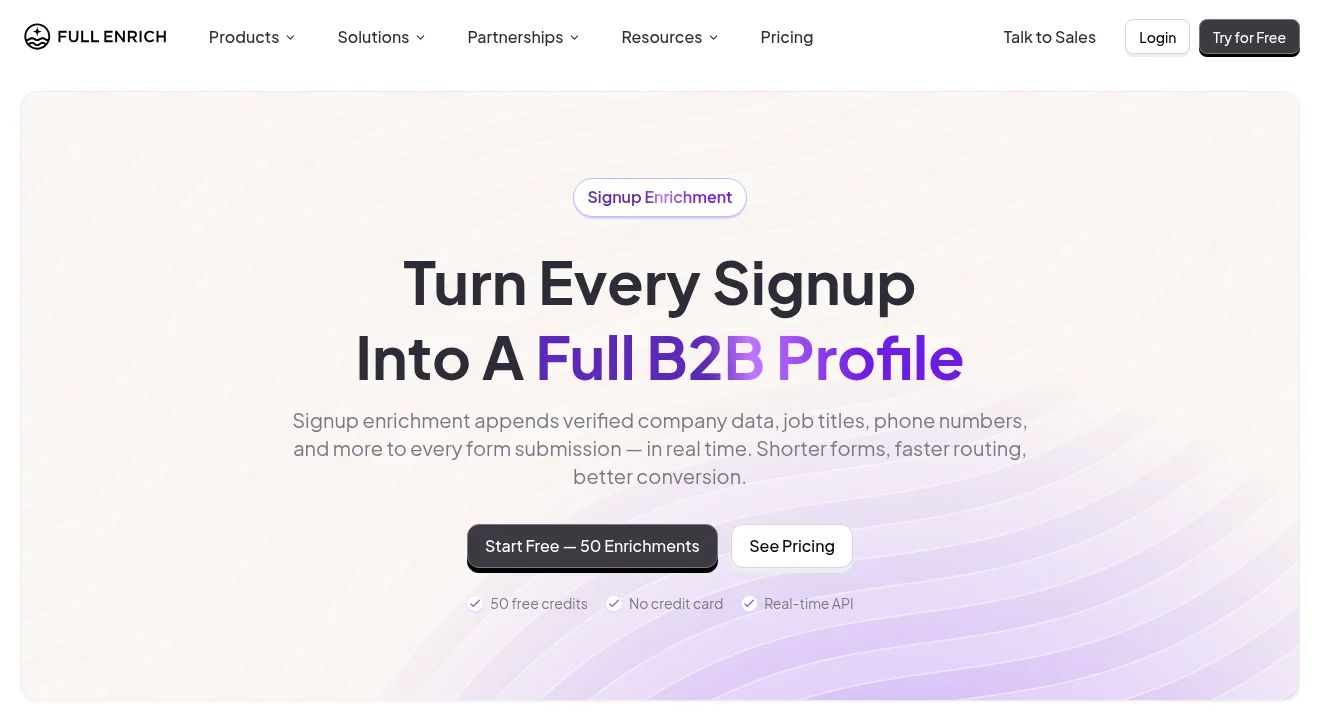 FullEnrich's signup enrichment page, which explains that verified company data, job titles and phone numbers get added to every form submission in real time.
