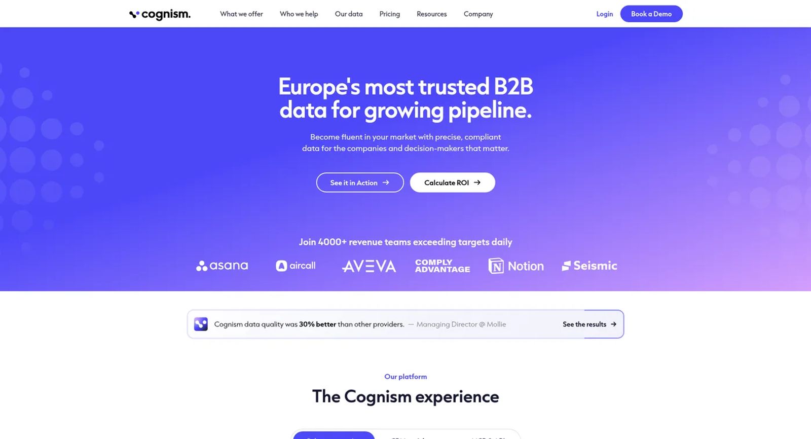 Cognism homepage reading Europe's most trusted B2B data for growing pipeline, with See it in Action and Calculate ROI buttons above a row of customer logos.