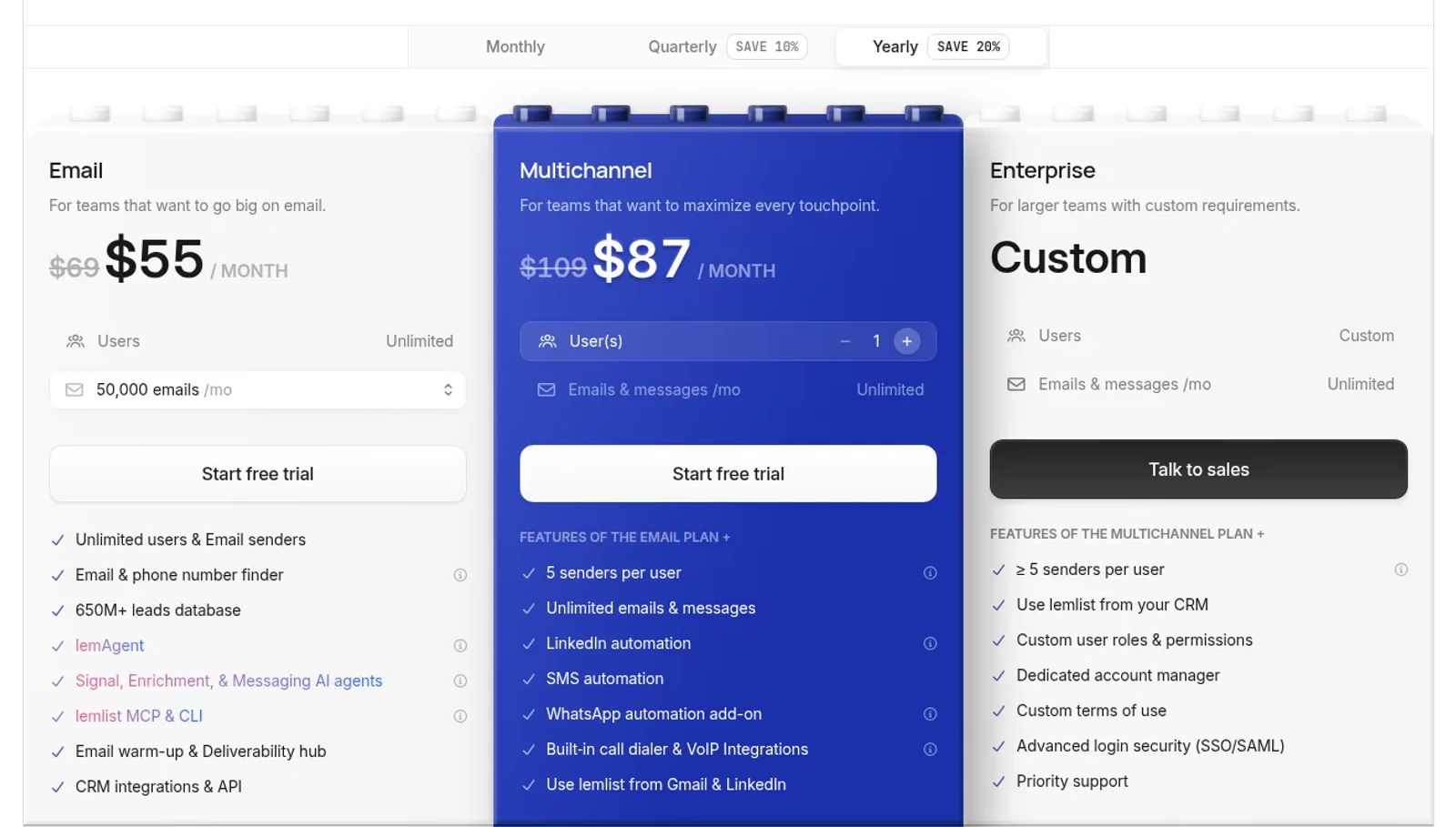 lemlist's pricing page with yearly billing selected, showing the Email, Multichannel and Enterprise plans.