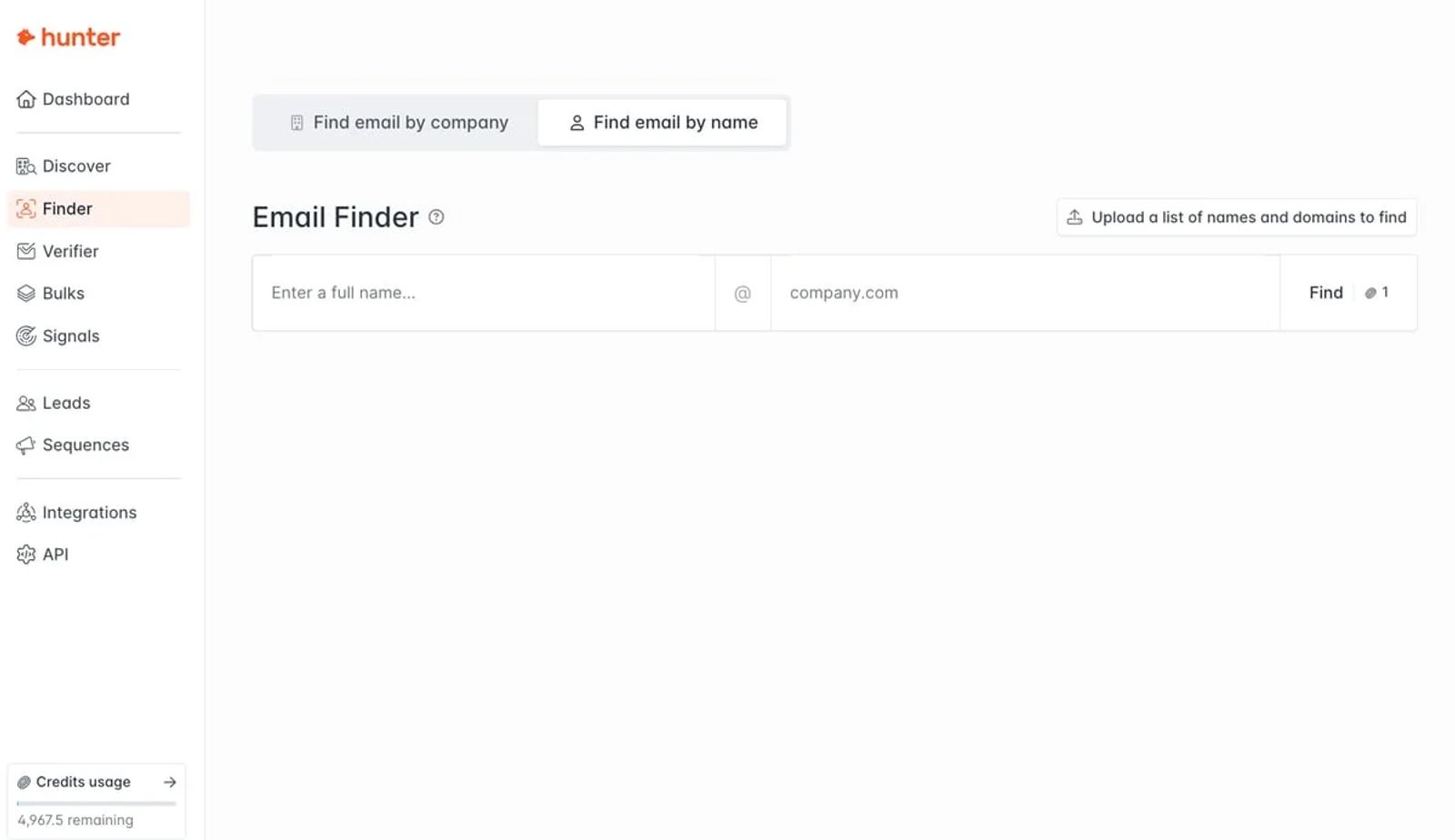 Hunter's Domain Search listing email addresses found at one company, as shown on its G2 listing.