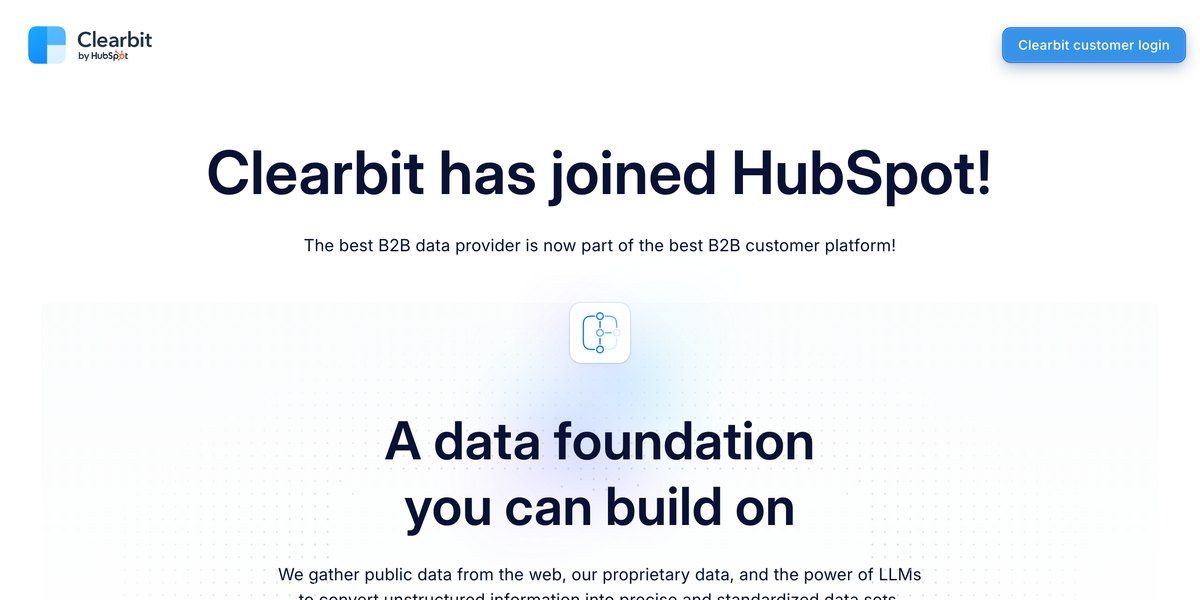Clearbit's home page announces that Clearbit has joined HubSpot, with a single Clearbit customer login button in the top corner.