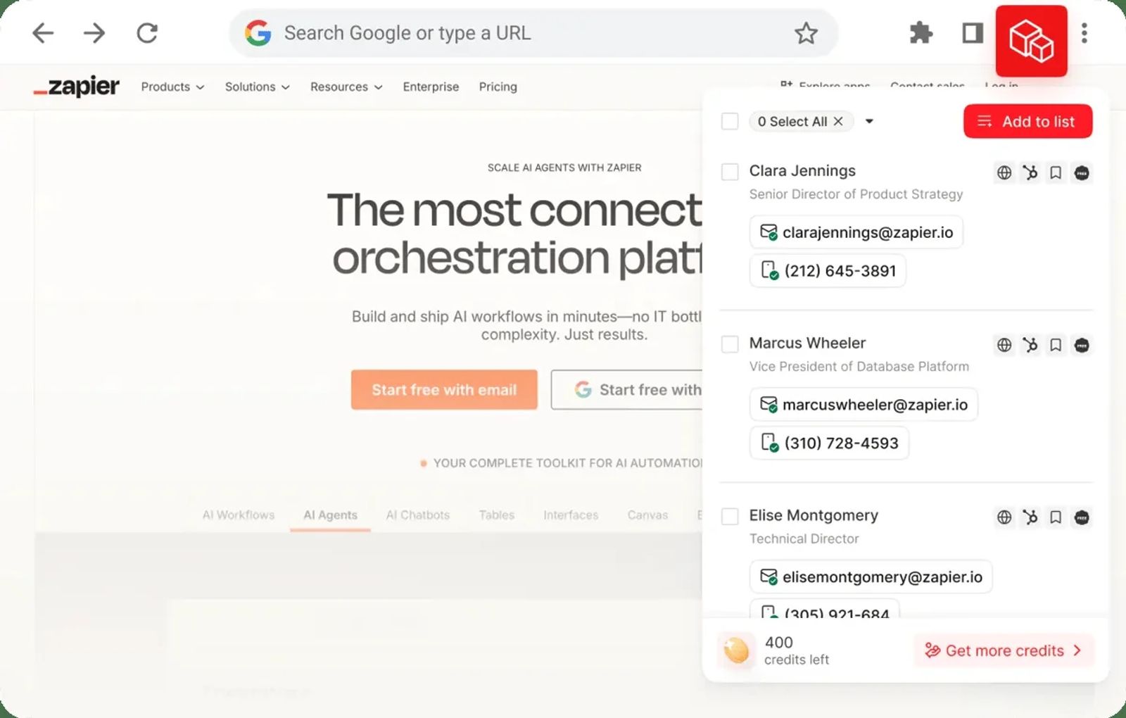 Prospeo's Chrome extension listing contacts with emails and phone numbers on a company website, as shown on its G2 listing.