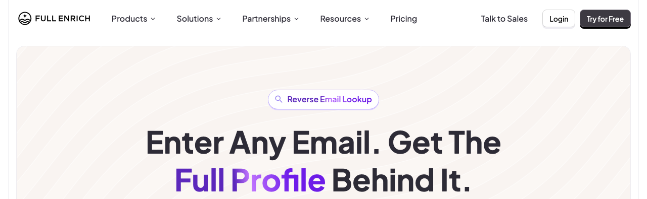 Screenshot of FullEnrich's reverse email lookup page, headlined Enter Any Email. Get The Full Profile Behind It.