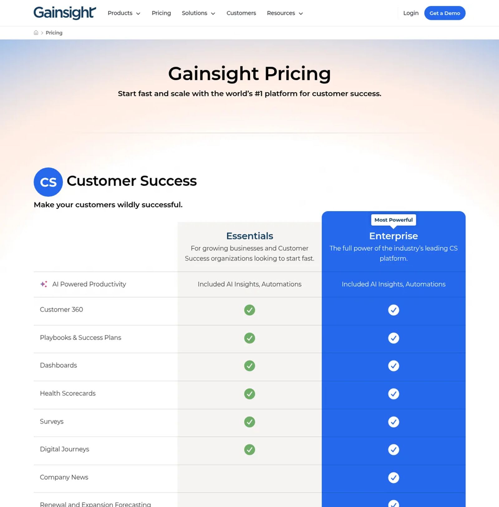 Gainsight's Customer Success pricing page comparing Essentials and Enterprise features, with no prices.