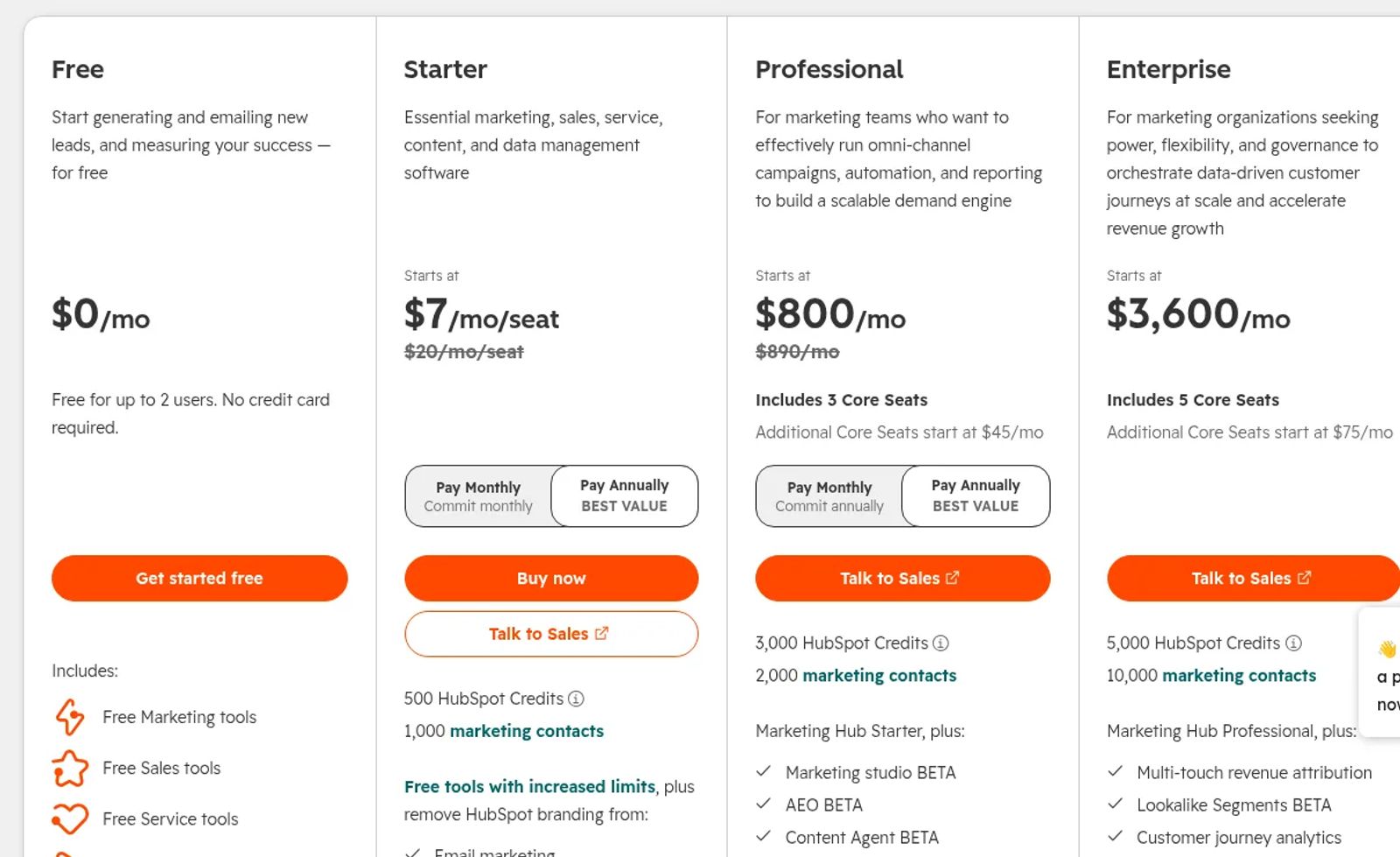 HubSpot Marketing Hub's pricing page showing the Free, Starter, Professional and Enterprise plans.