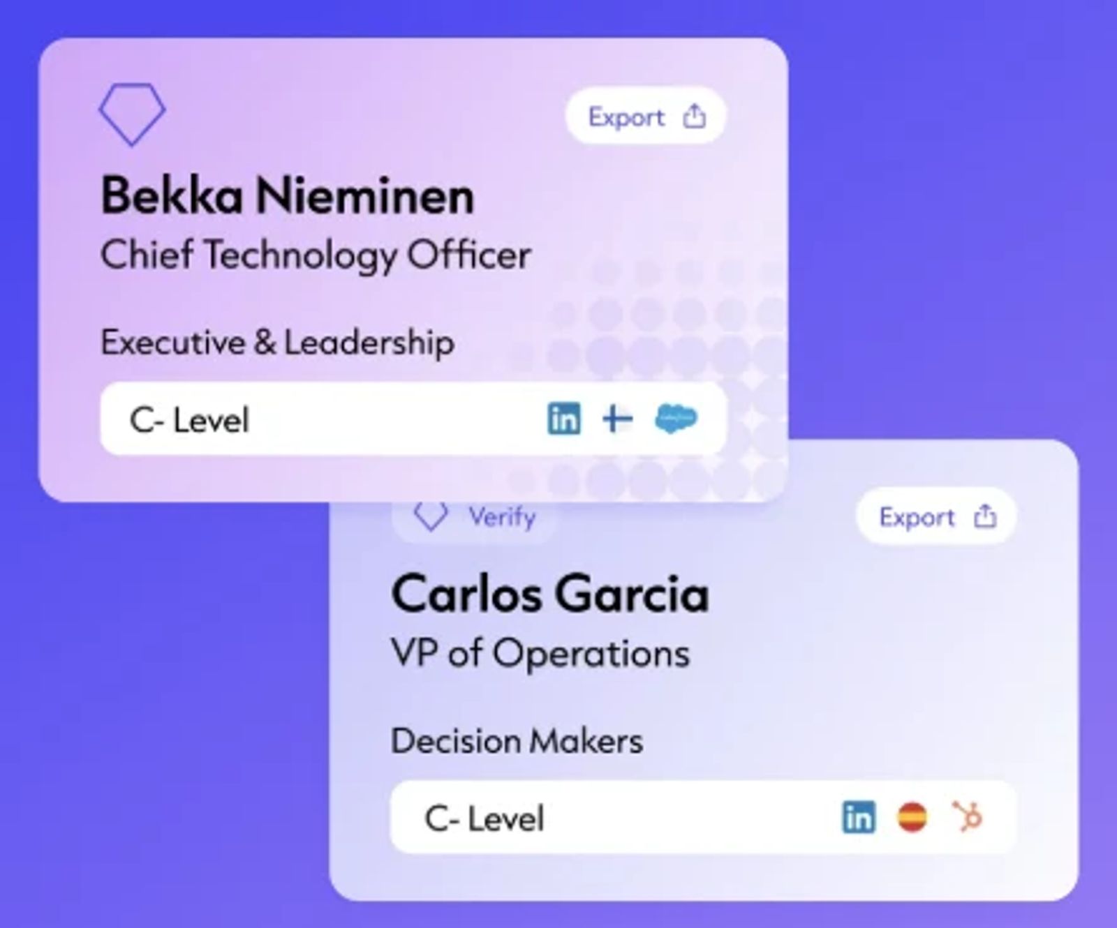 Cognism contact cards with Verify and Export buttons.