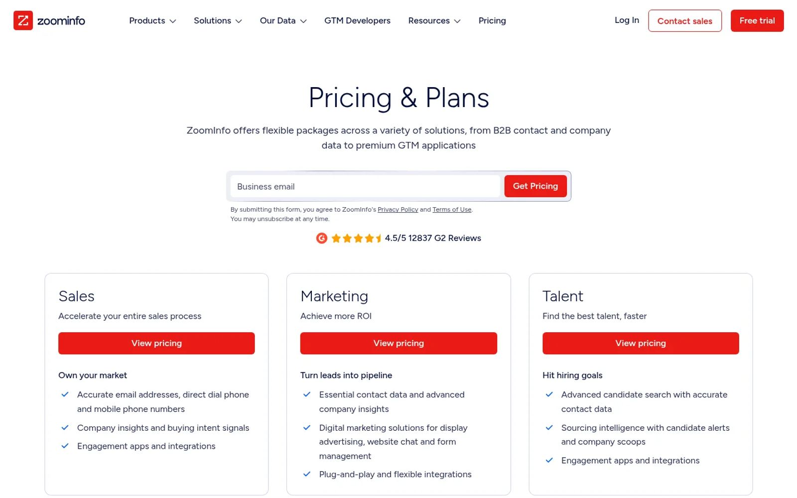 ZoomInfo pricing page with Sales, Marketing and Talent plans and no public prices