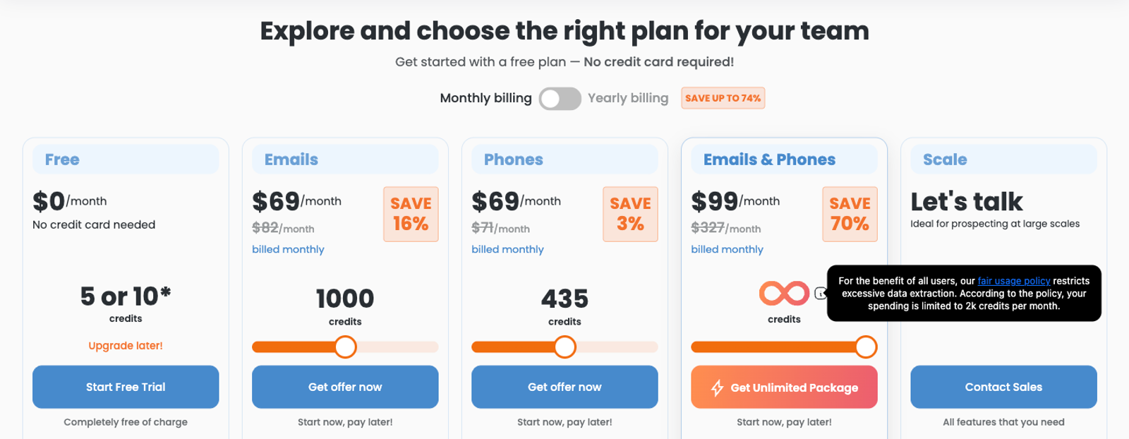 SignalHire's monthly pricing shows Emails & Phones Unlimited at $99, with a fair-use tooltip saying spending is limited to 2k credits per month.