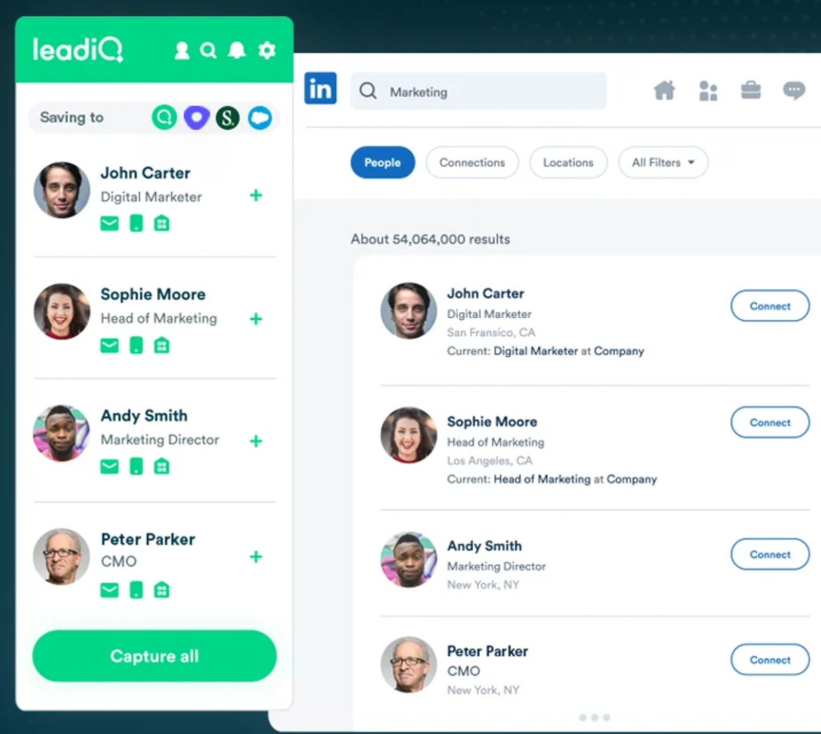 LeadIQ extension beside a LinkedIn search.