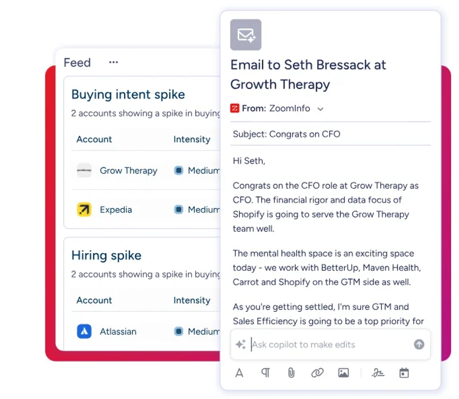 ZoomInfo GTM Workspace feed with intent signals and a drafted email.