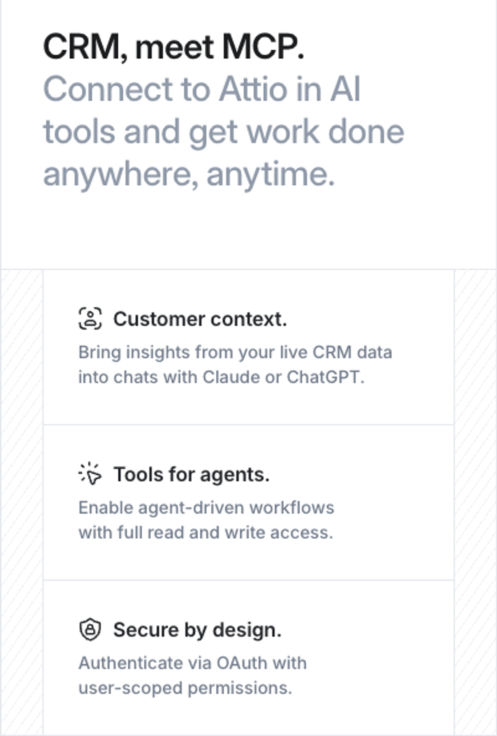 Attio AI page section titled CRM, meet MCP, listing customer context in Claude or ChatGPT, tools for agents with read and write access and OAuth with user-scoped permissions.