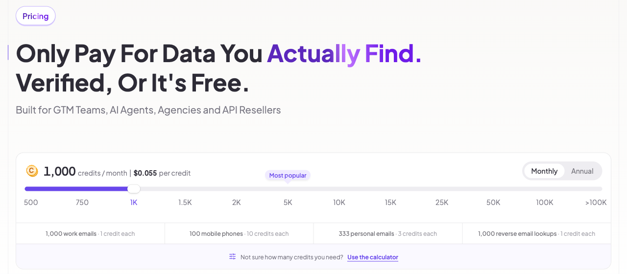 FullEnrich's pricing page with the headline Only Pay For Data You Actually Find, and the credit slider set to 1,000 credits a month at $0.055 per credit.