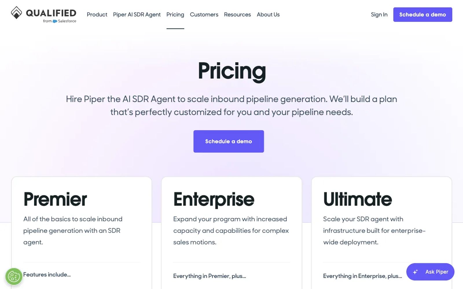 Qualified's pricing page with Premier, Enterprise and Ultimate plans and a schedule-a-demo button instead of prices.