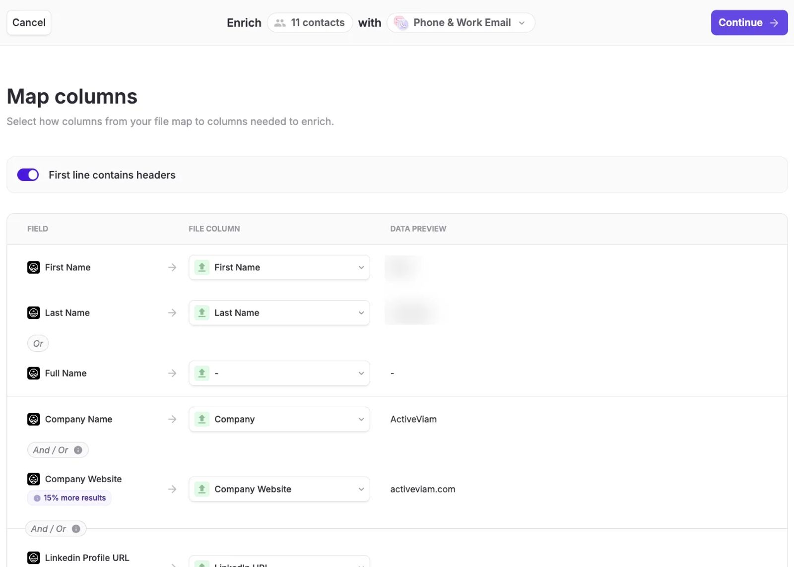 FullEnrich column mapping screen with first name, last name, company name, company website and LinkedIn URL matched to the uploaded file