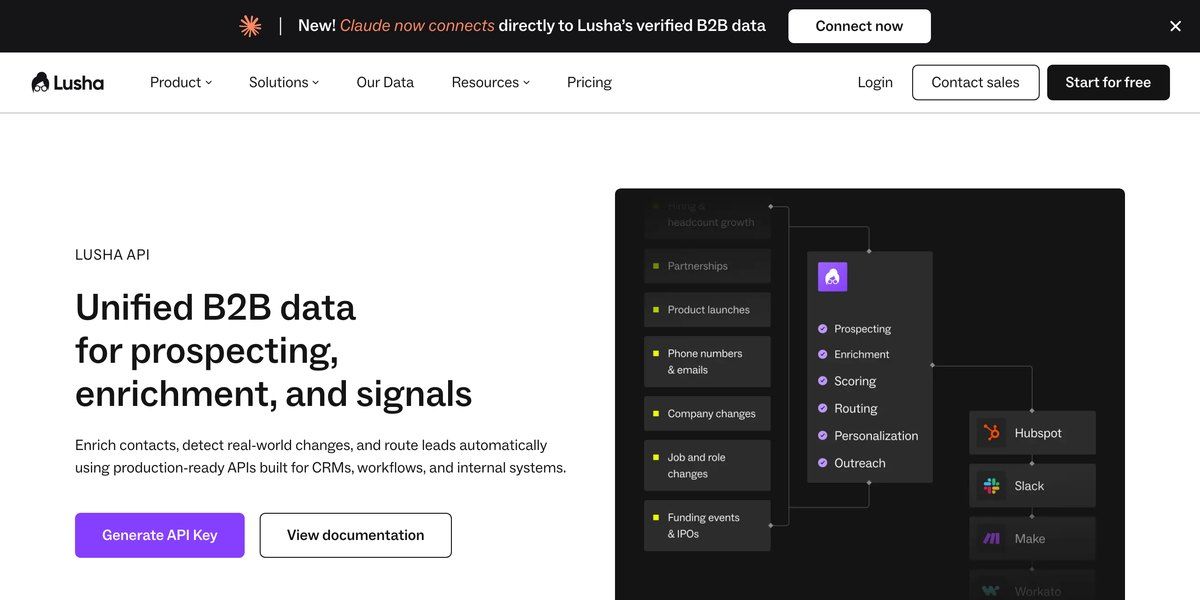 Lusha's API page headline reads Unified B2B data for prospecting, enrichment, and signals, with Generate API Key and View documentation buttons below it.