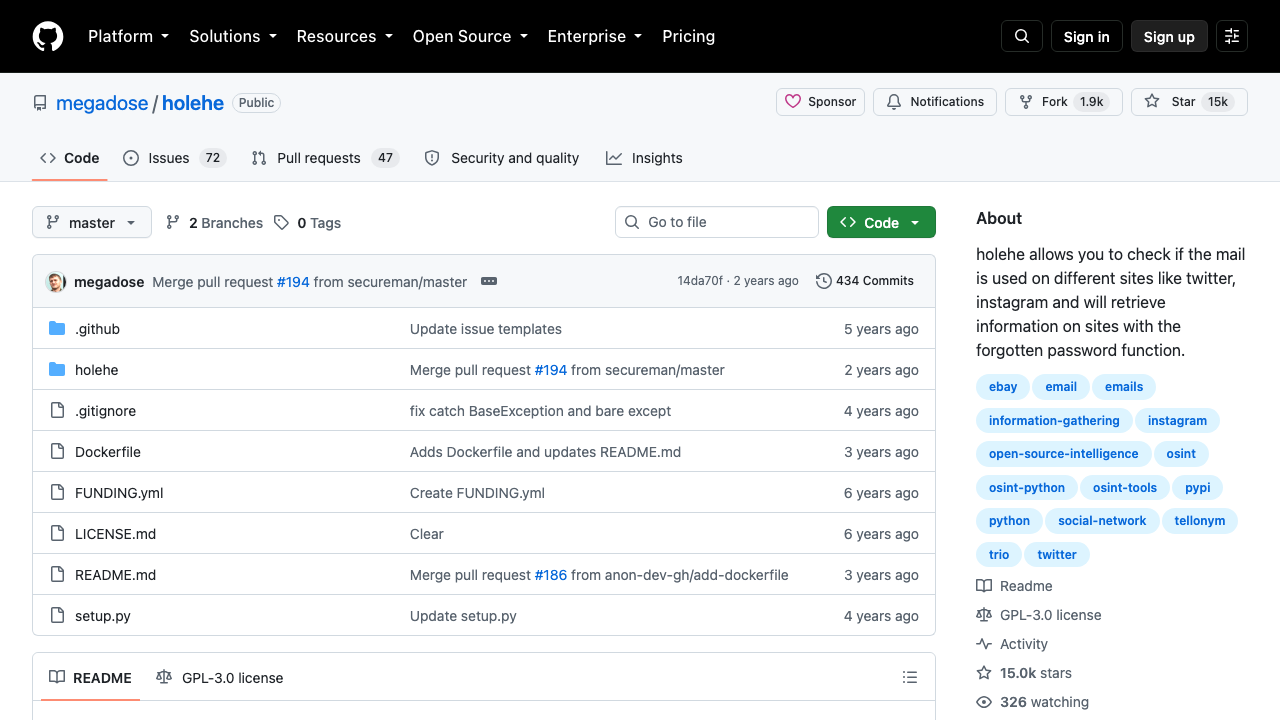Screenshot of the Holehe GitHub repository, with the latest commit dated two years ago and a description saying it checks whether an email is used on different sites.