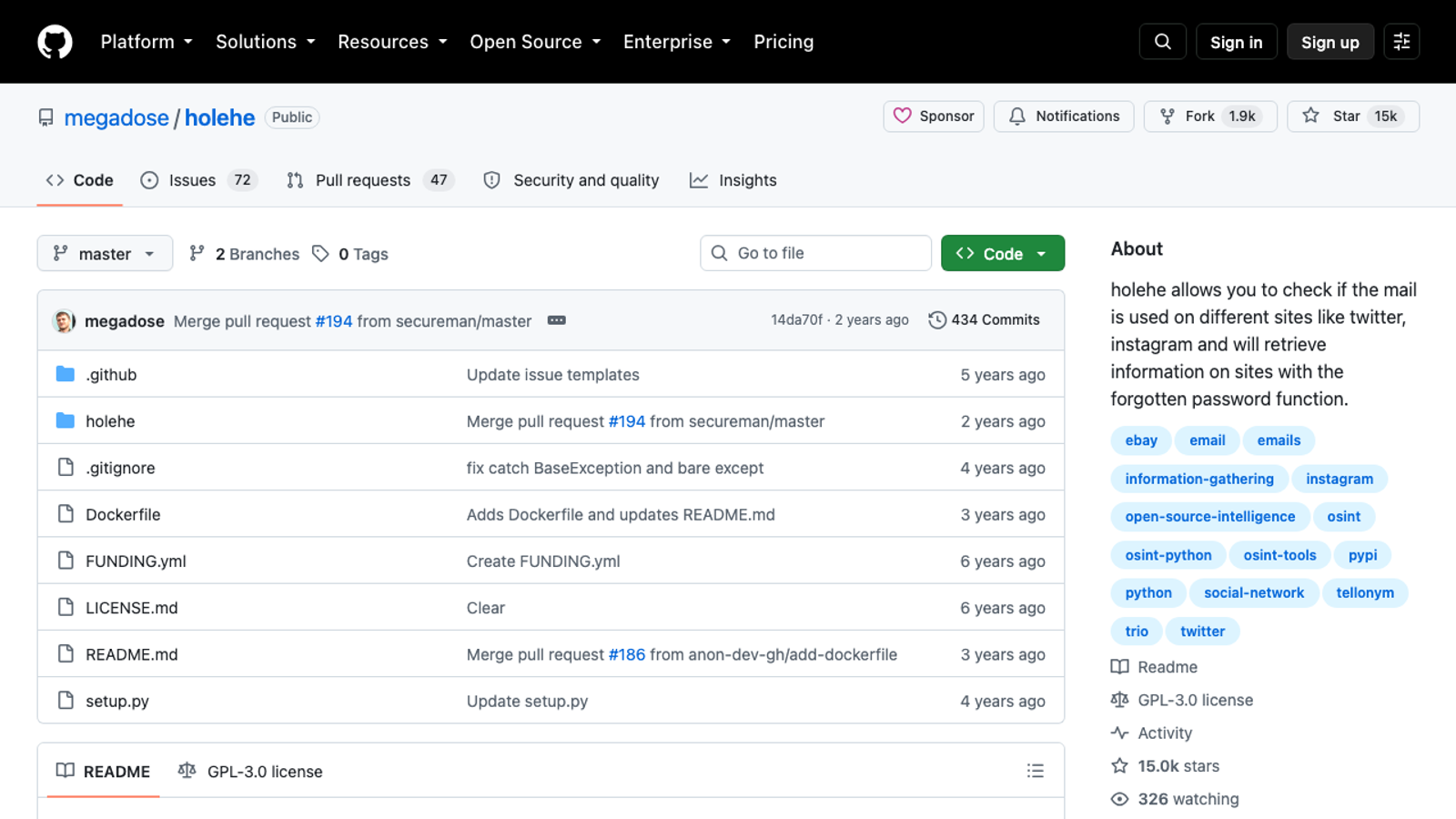 Screenshot of the Holehe GitHub repository, with the latest commit dated two years ago and a description saying it checks whether an email is used on different sites.