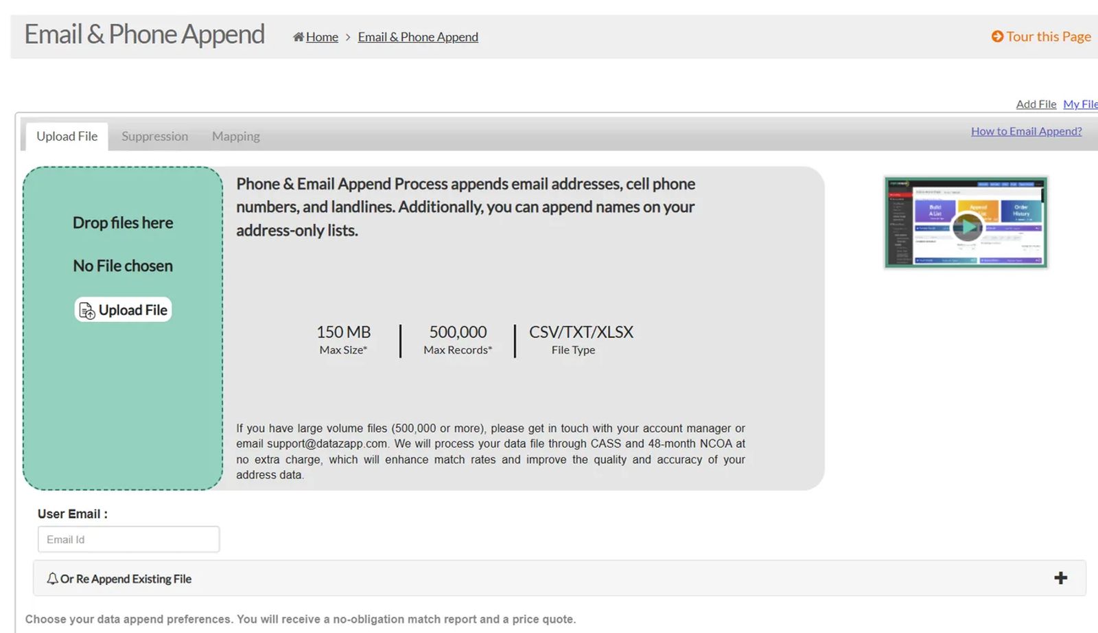 Datazapp Email and Phone Append screen with an Upload File drop zone that accepts CSV, TXT or XLSX files up to 150 MB and 500,000 records.