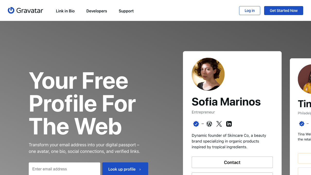 Screenshot of the Gravatar homepage, showing an email address lookup field next to sample profile cards with linked social accounts.