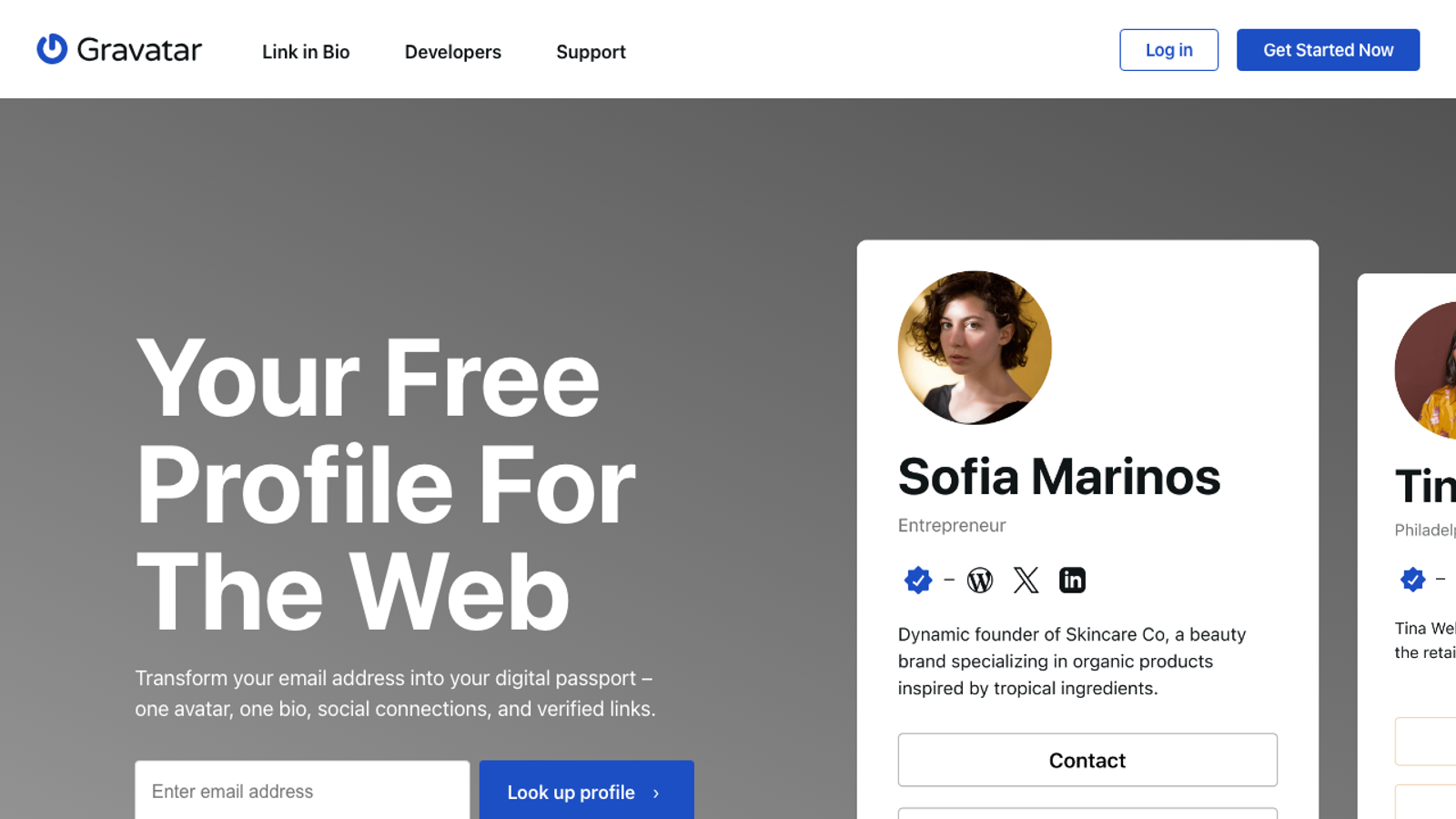 Screenshot of the Gravatar homepage, showing an email address lookup field next to sample profile cards with linked social accounts.