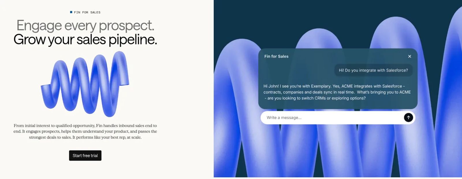 Intercom's Fin for Sales chat answering a prospect's question