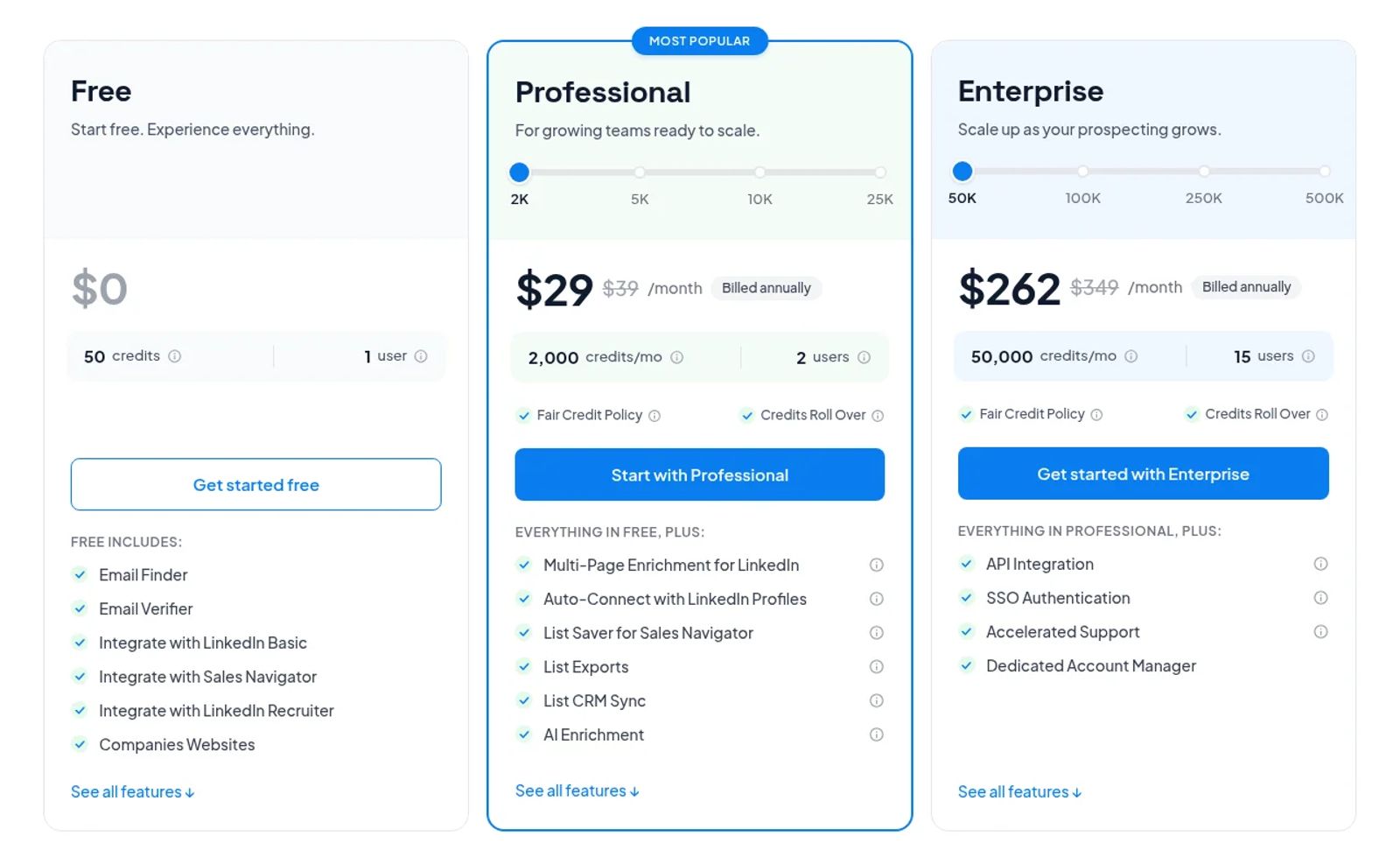 Skrapp pricing page showing the Free, Professional and Enterprise plans.