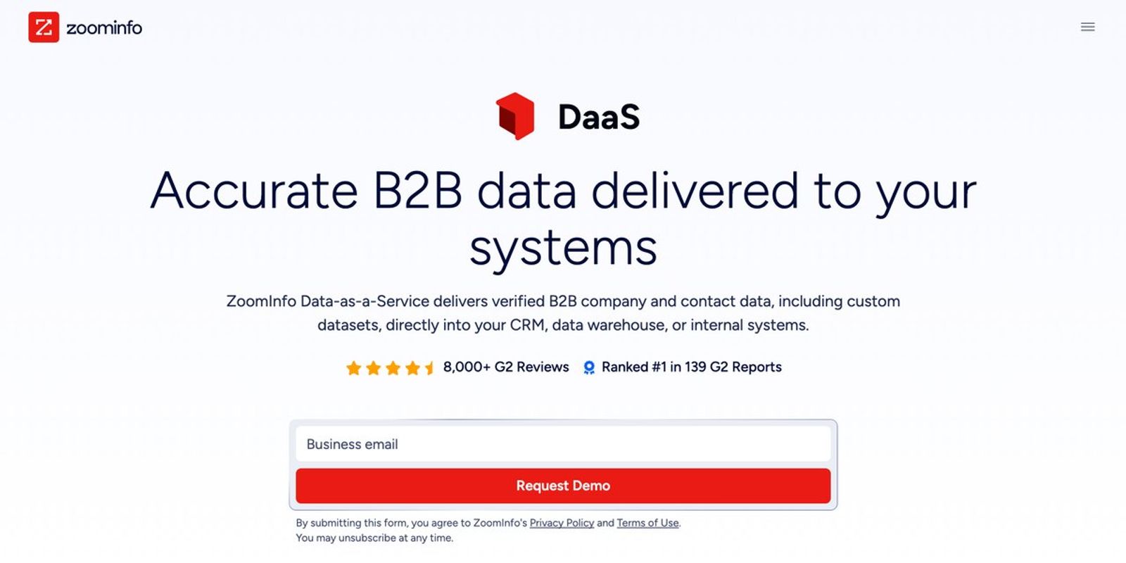 ZoomInfo's Data-as-a-Service page headline reads Accurate B2B data delivered to your systems, with a business email field and a red Request Demo button below it.