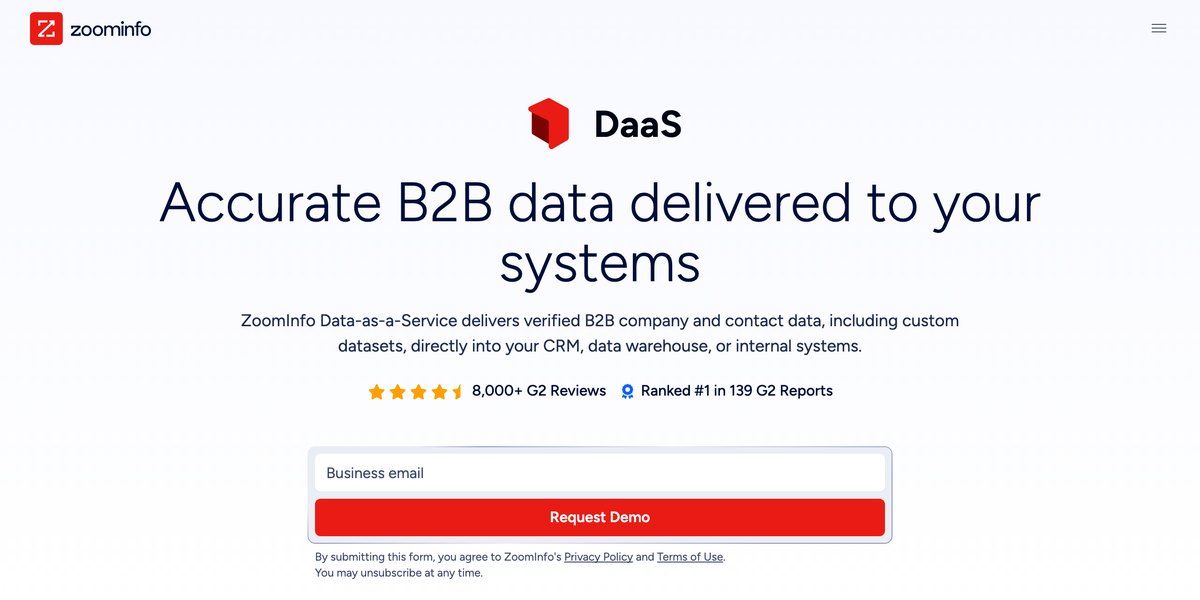 ZoomInfo's Data-as-a-Service page headline reads Accurate B2B data delivered to your systems, with a business email field and a red Request Demo button below it.