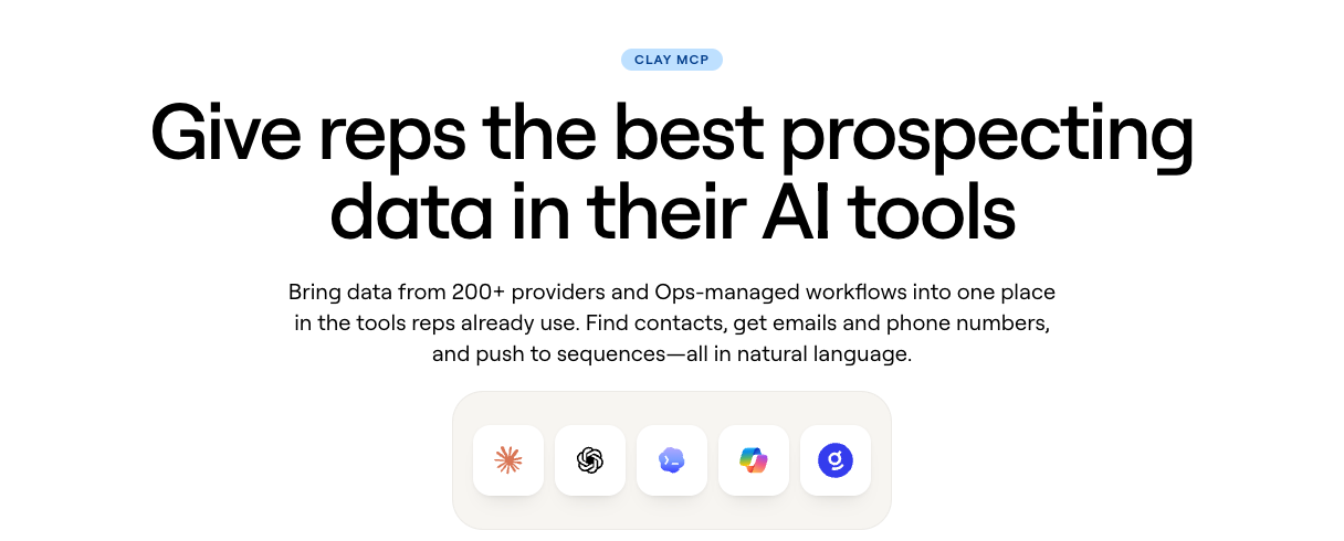 Clay MCP product page hero reading Give reps the best prospecting data in their AI tools, with icons for supported AI apps.