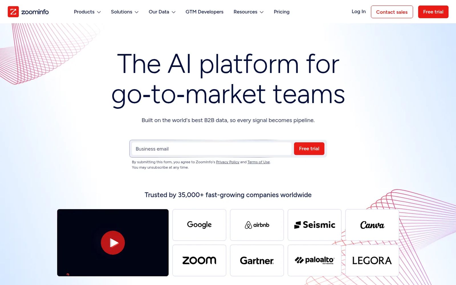 ZoomInfo homepage for its go-to-market AI platform, with an email sign-up field and customer logos