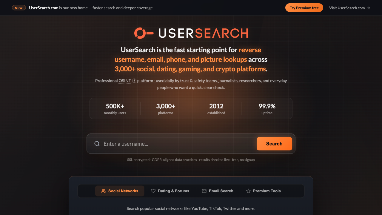 Screenshot of the UserSearch.org homepage, showing a username search box with tabs for social networks, dating and forums, email search and premium tools.