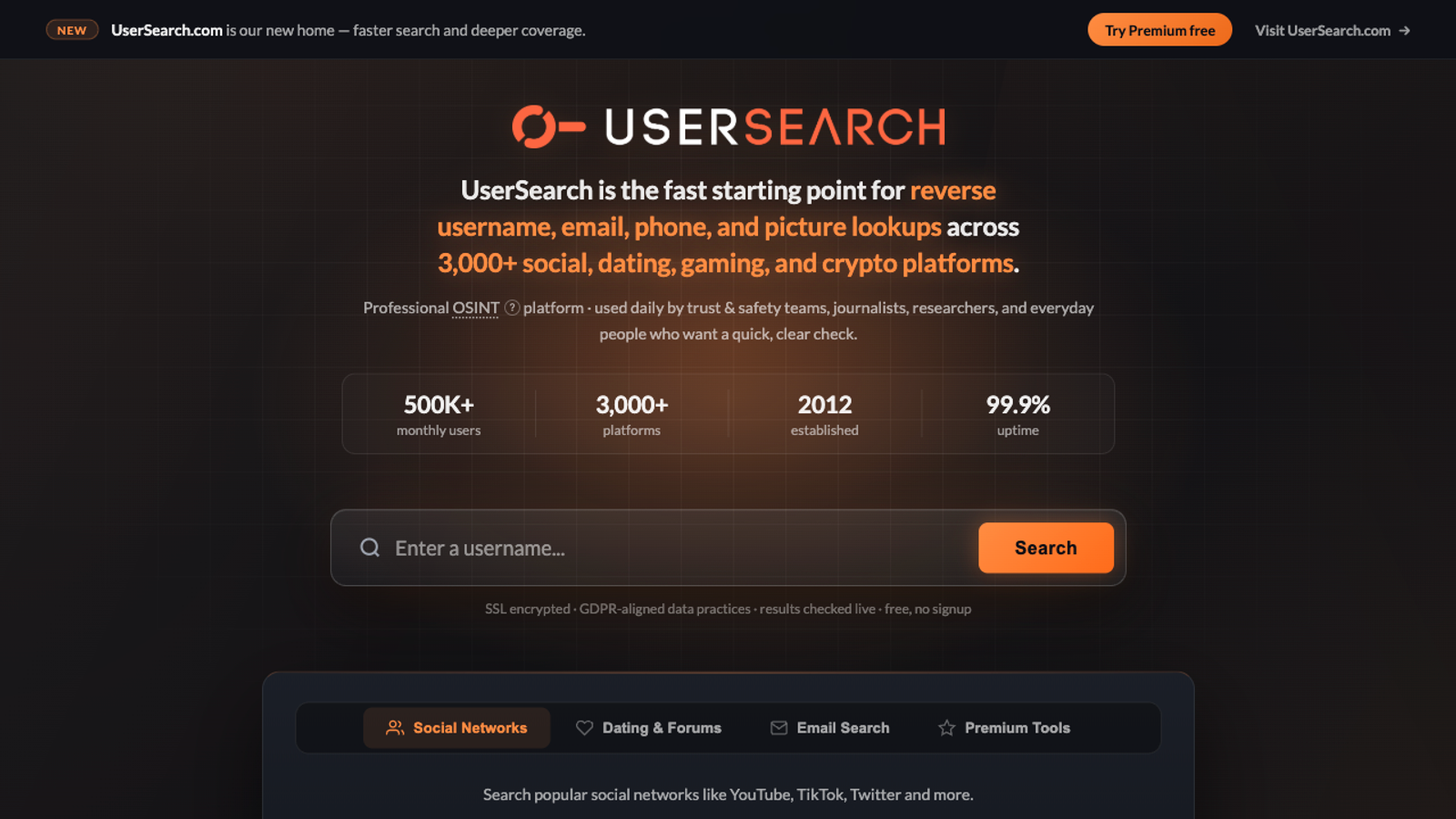 Screenshot of the UserSearch.org homepage, showing a username search box with tabs for social networks, dating and forums, email search and premium tools.