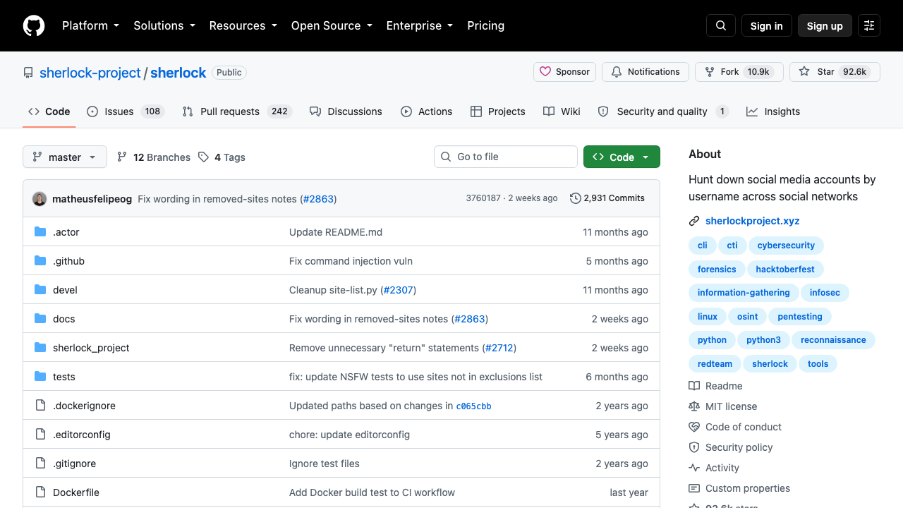 Screenshot of the Sherlock project's GitHub repository, describing the tool as a way to hunt down social media accounts by username across social networks.