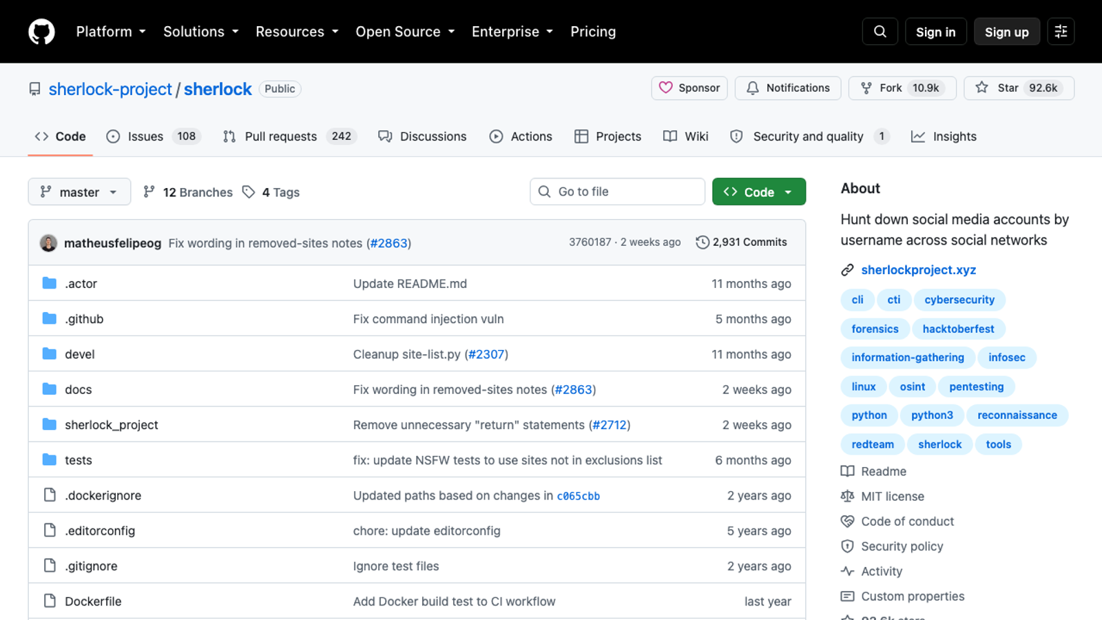 Screenshot of the Sherlock project's GitHub repository, describing the tool as a way to hunt down social media accounts by username across social networks.