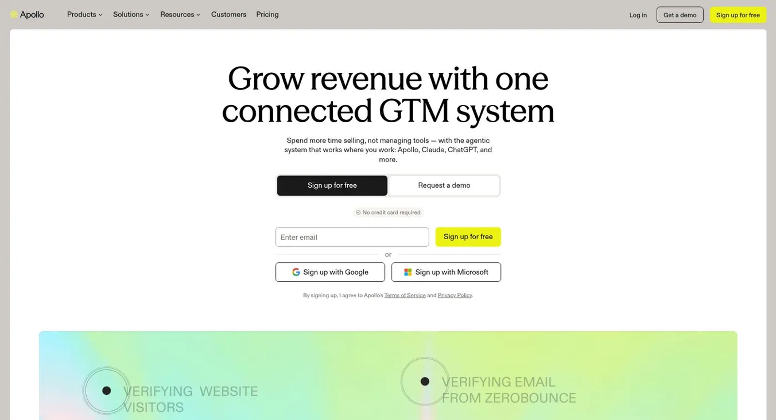 Apollo homepage reading Grow revenue with one connected GTM system, with Sign up for free and Request a demo buttons and a No credit card required note.