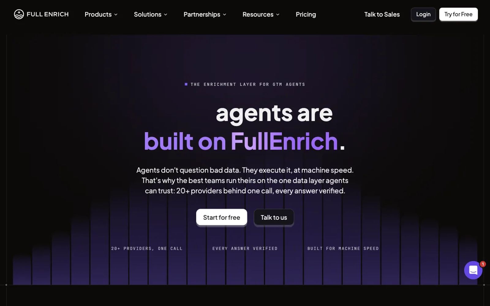 The FullEnrich page for agent builders, with a headline saying AI agents are built on FullEnrich.