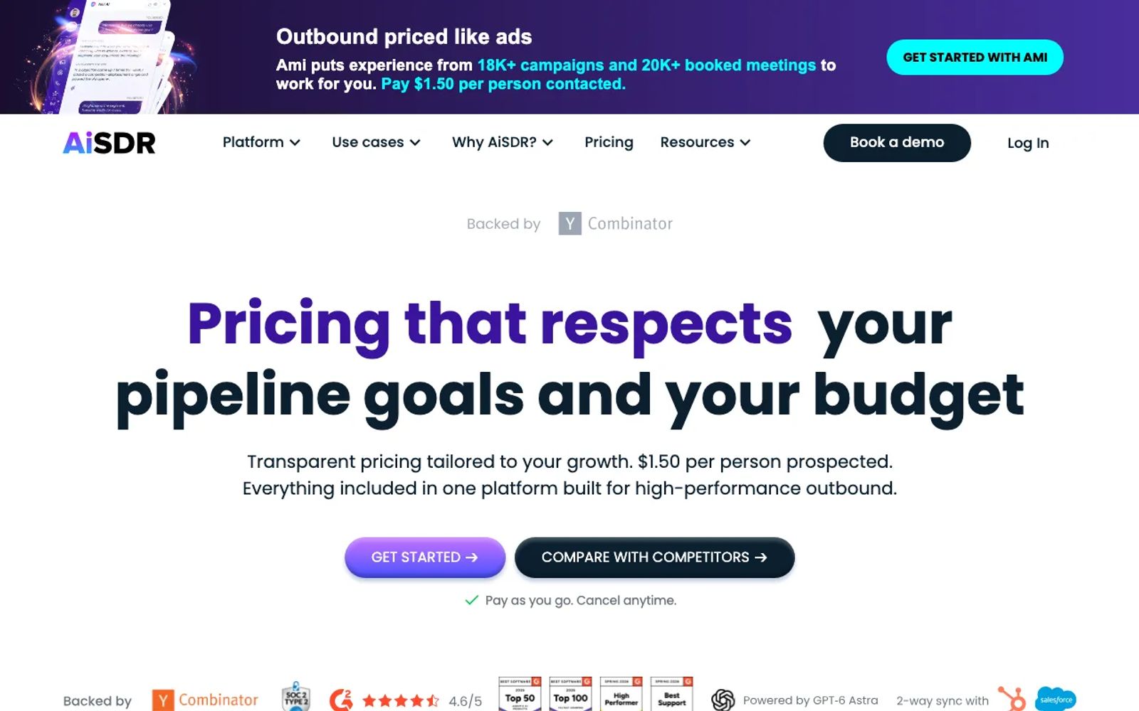 The AiSDR pricing page showing its AI SDR at $1.50 per person prospected, pay as you go and cancel anytime.
