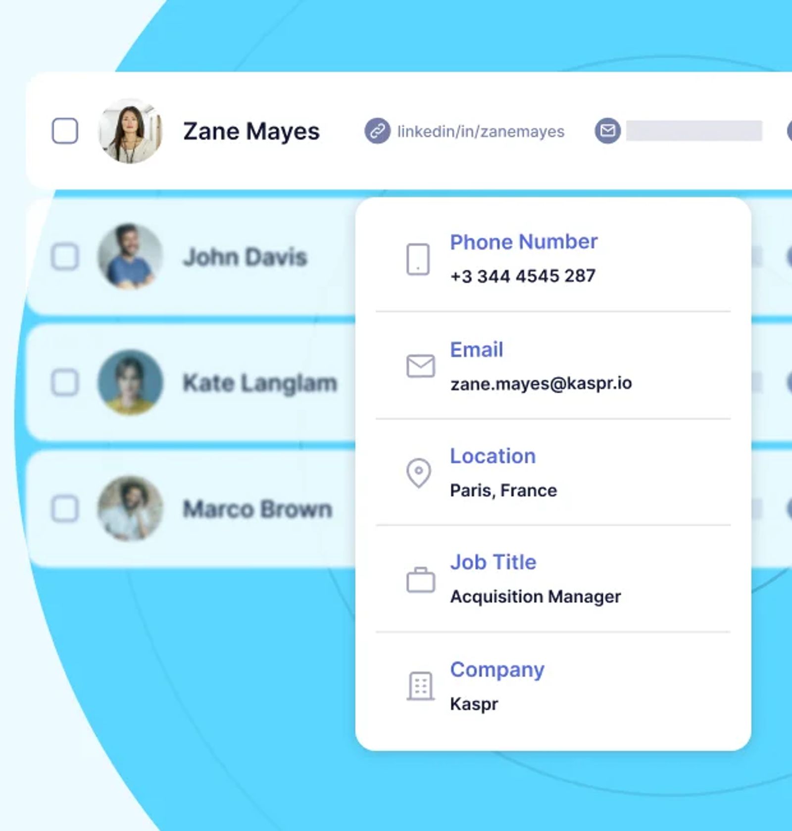 Kaspr panel over a LinkedIn list with a contact's phone and email.