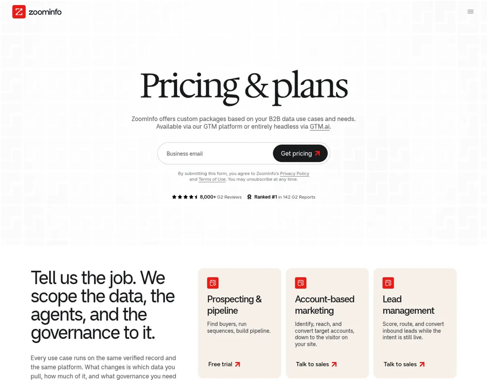 ZoomInfo's Pricing & plans page with a business email form and a Get pricing button, and no listed prices.
