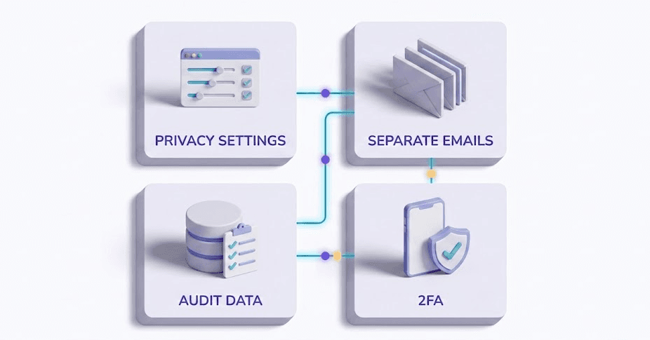 Illustration of four connected tiles labelled privacy settings, separate emails, audit data and 2FA, representing the steps for locking down your own social media accounts.