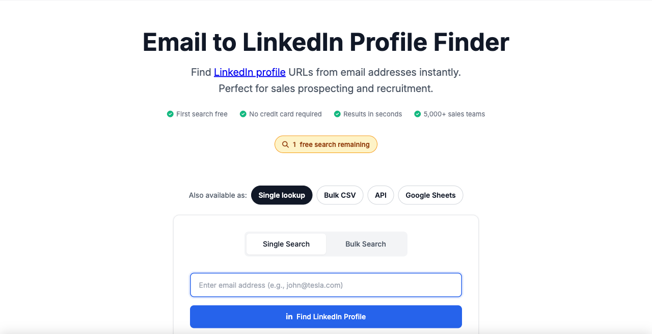 LinkFinder AI's Email to LinkedIn Profile Finder page, with a single search box and options for bulk CSV, API and Google Sheets.