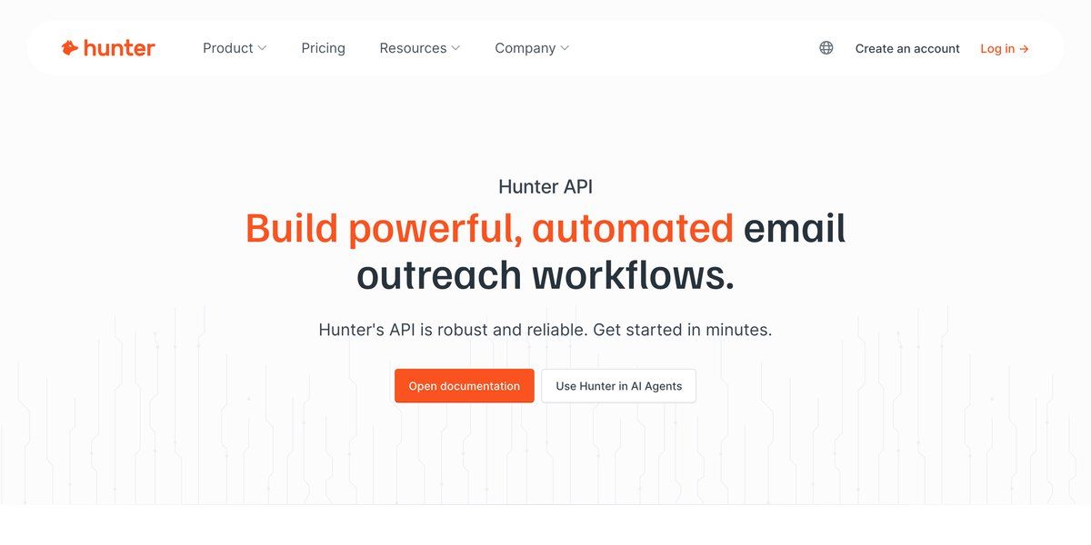 Hunter's API page headline invites teams to build automated email outreach workflows, with Open documentation and Use Hunter in AI Agents buttons below it.