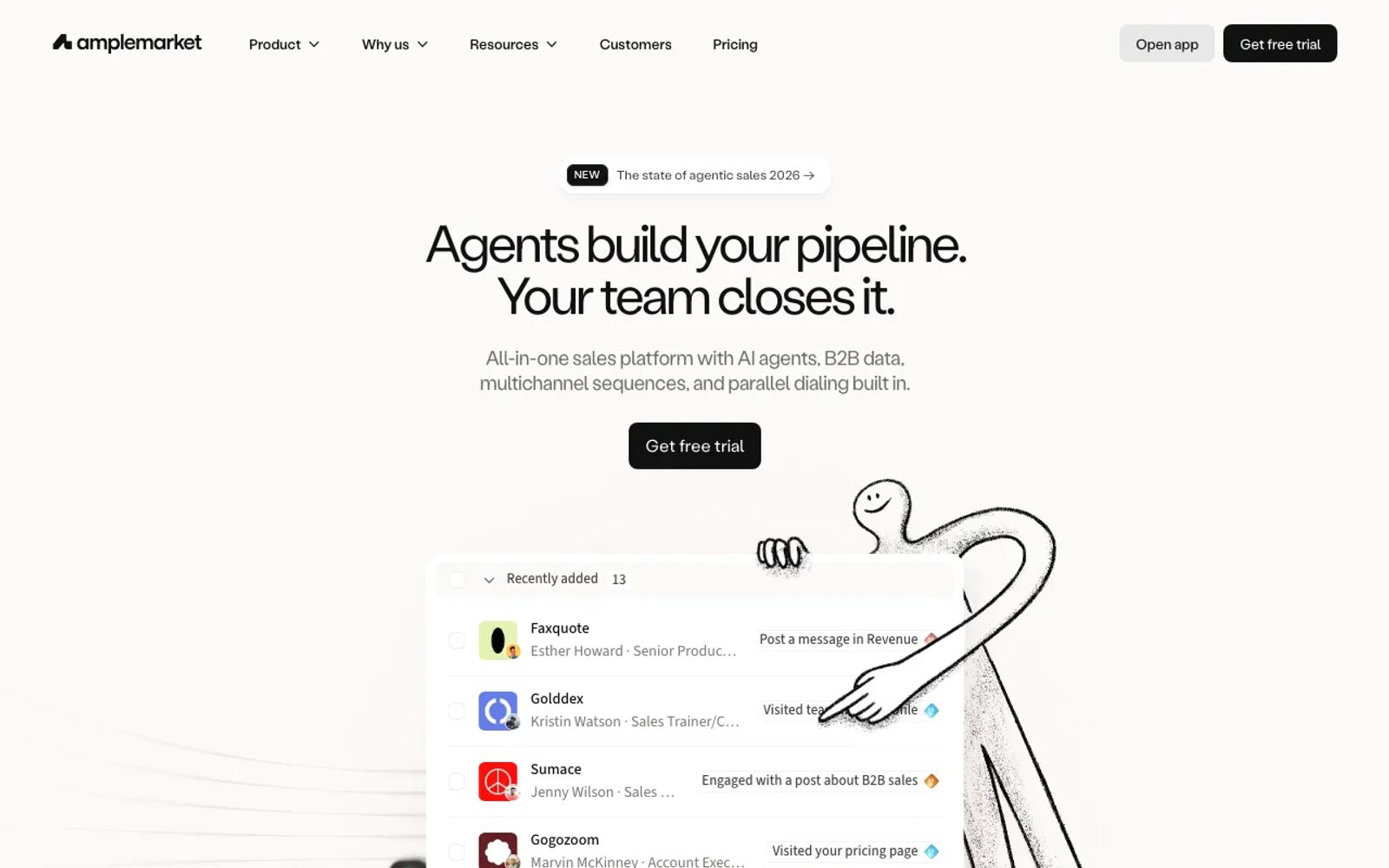 Amplemarket's homepage, headlined "Agents build your pipeline. Your team closes it."
