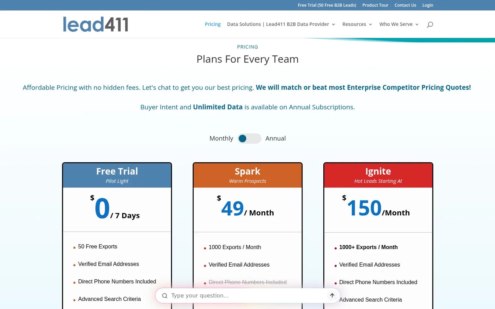 Lead411 pricing plans for its B2B contact database on monthly billing, with a free trial, Spark at $49 and Ignite from $150 a month