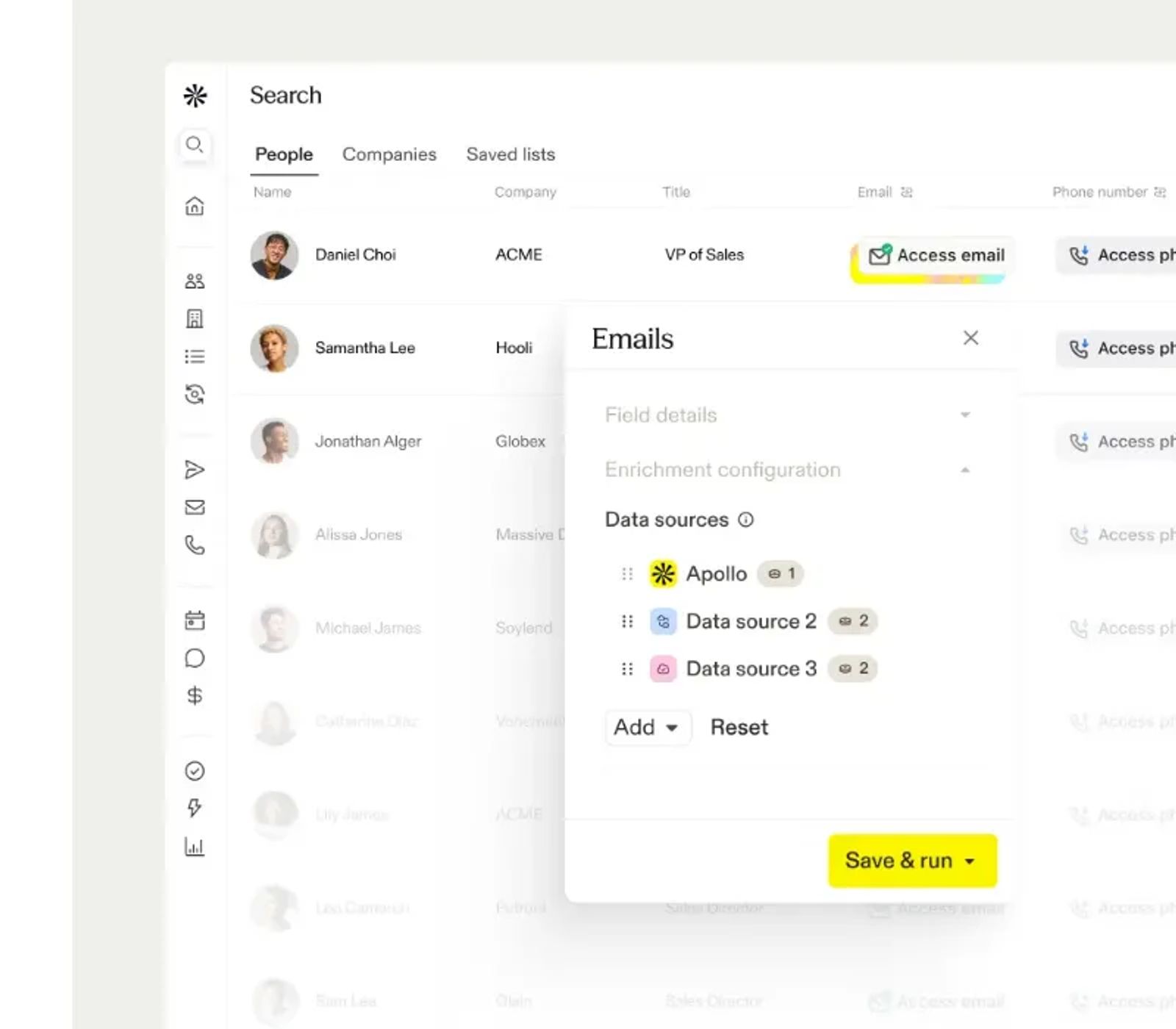 Apollo people search with the email enrichment panel and its ordered data sources