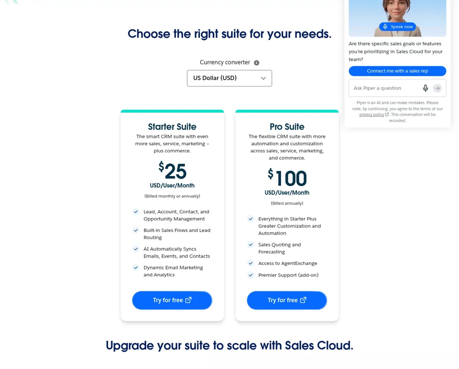 Salesforce's Sales Cloud pricing cards with Starter Suite at $25 and Pro Suite at $100 per user per month.