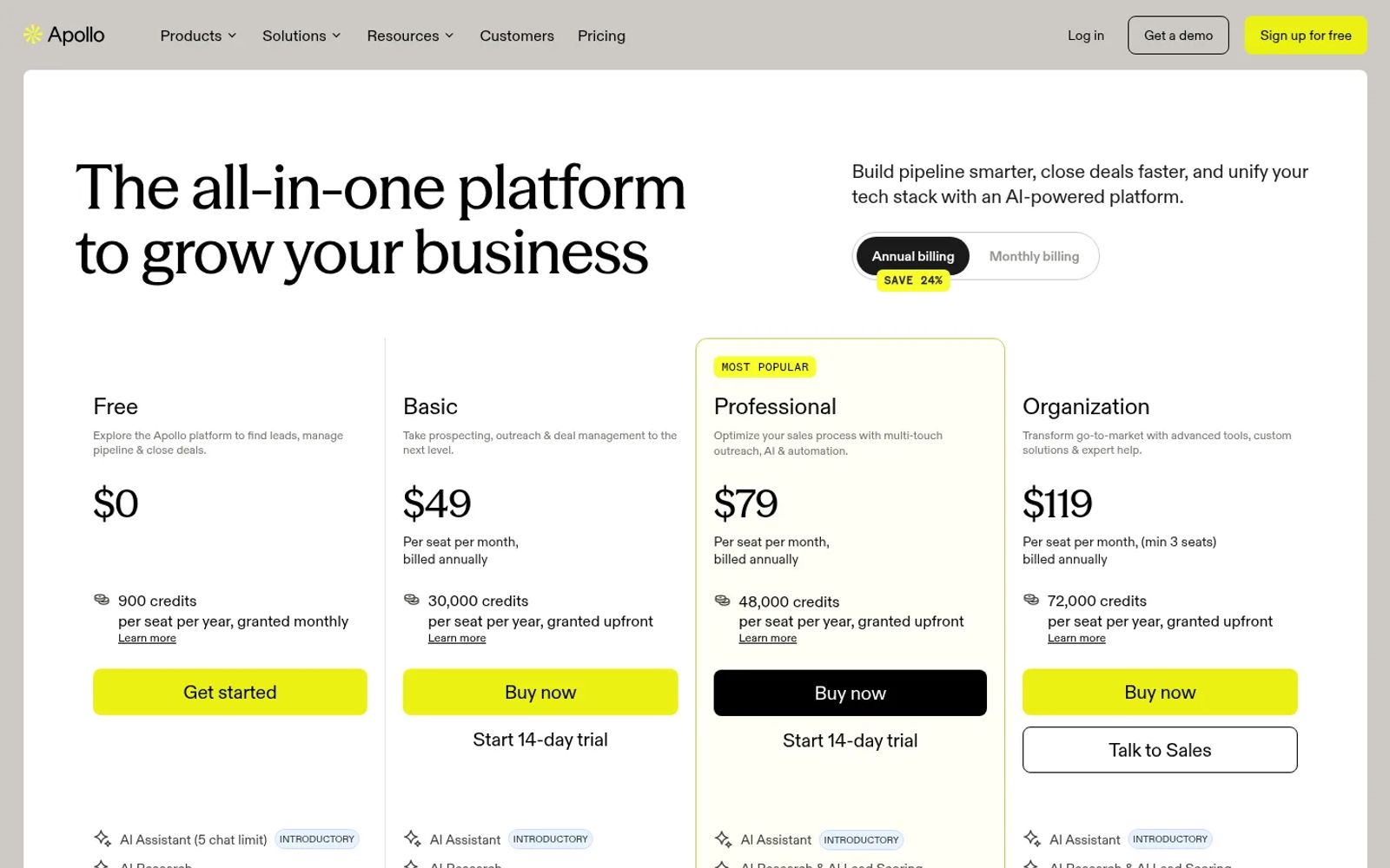 Apollo.io pricing plans for its B2B contact database, from Free to Organization, on yearly billing