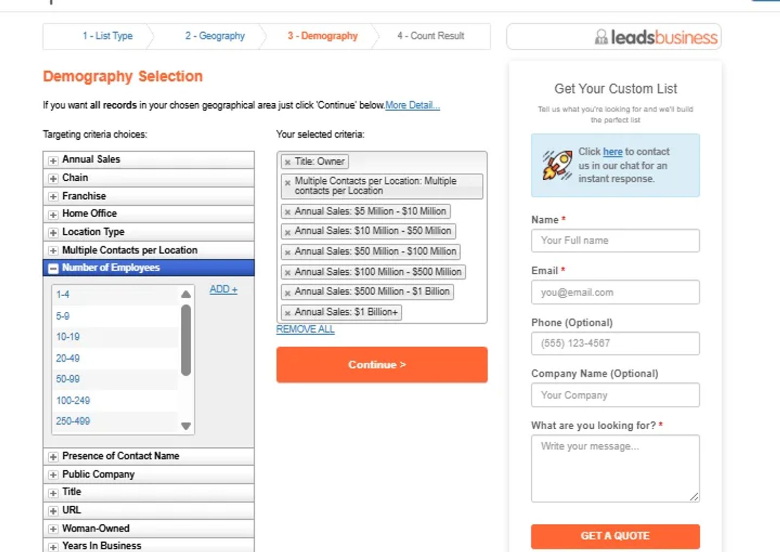 LeadsPlease list builder at the demography step, with targeting criteria such as annual sales, title and number of employees, and a box listing the selected criteria.