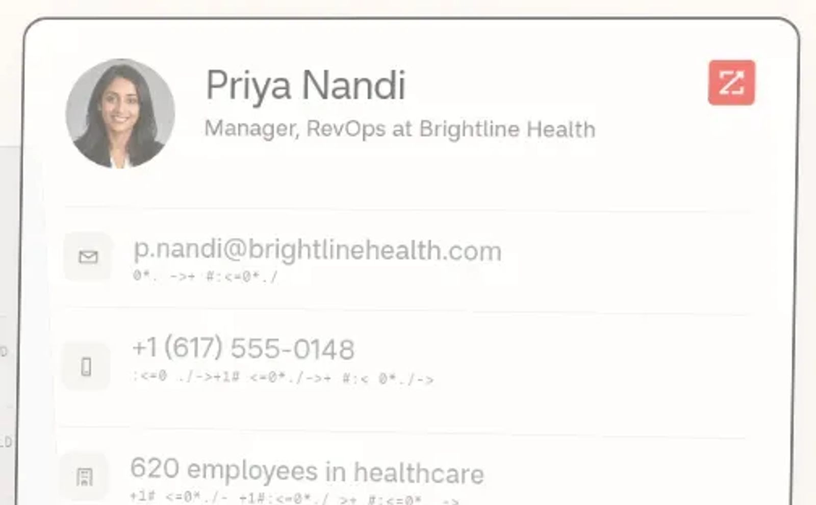 A ZoomInfo contact card showing a work email, a phone number and company headcount