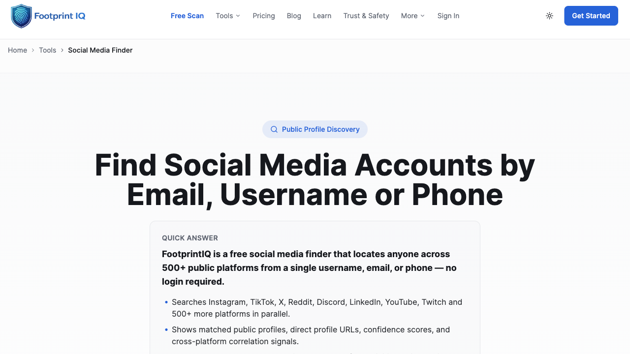Screenshot of FootprintIQ's social media finder page, headlined Find Social Media Accounts by Email, Username or Phone.